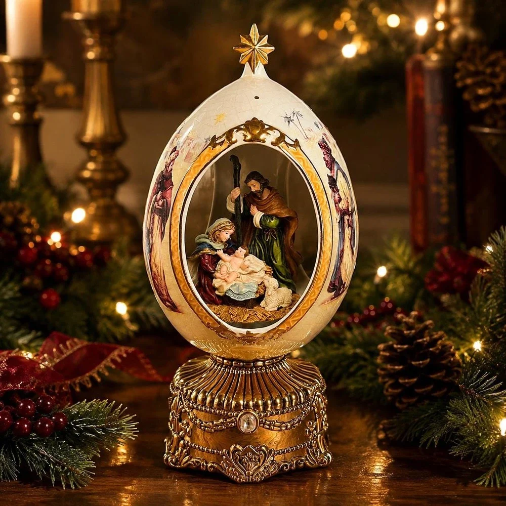 VTG 2003 Musical Nativity Egg Rotating Holy Family Christmas Away in a Manger